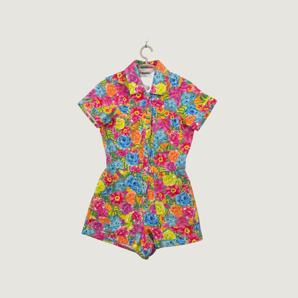 Show Me Your Mumu Cannon Romper Bright Floral Denim Short Sleeve S Boho Festival